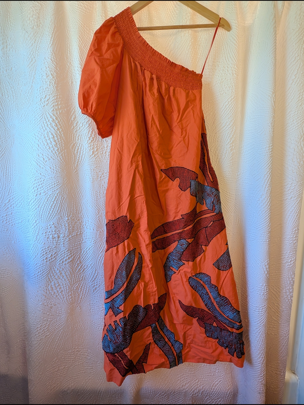 Maeve for Anthropologie Orange One-Shoulder Floral Embroidered Midi Dress
